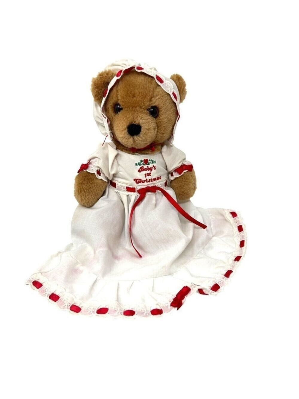 Vintage 1st Christmas Teddy Bear By Dakin 1983 White Red Dress Bonnet Babys